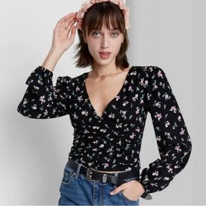 Wild Fable Black Floral Long Sleeve Boho Top Small NWT